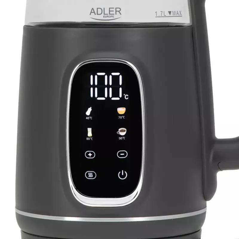 Hervidor de agua eléctrico Adler AD 1305 G — 1,7 L, 2200 W, termostato regulable, indicador LED, gris