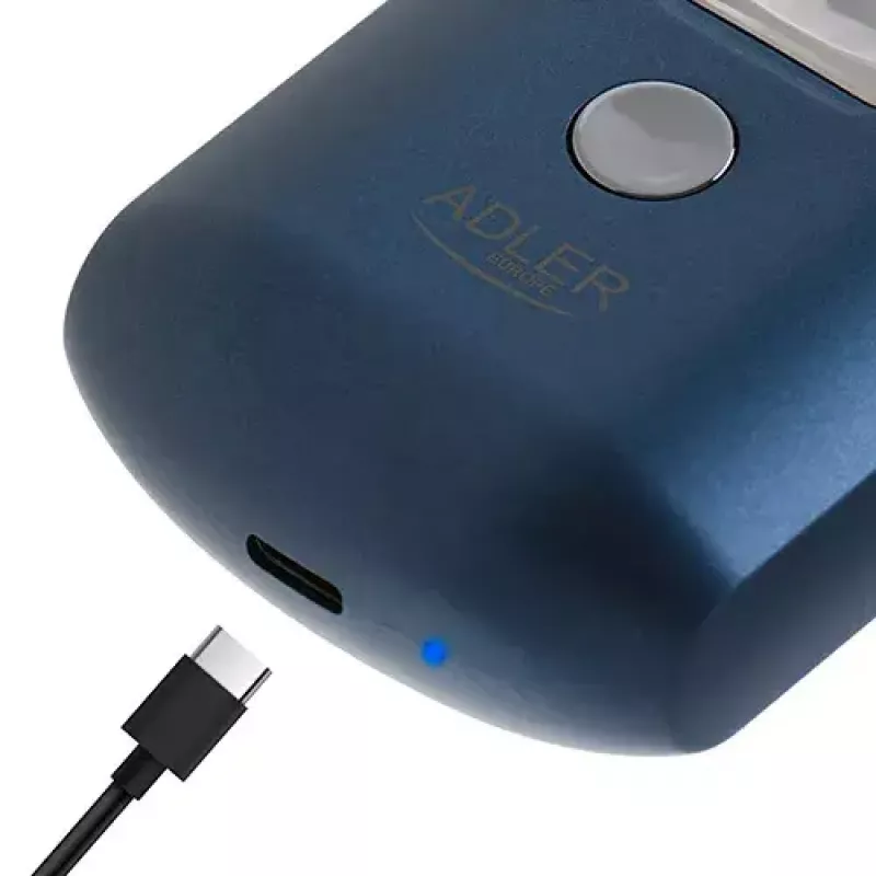 Afeitadora rotativa Adler AD 2937, 2 cabezales giratorios, batería de Li-Ion 250 mAh recargable, lavable, inalámbrica, azul