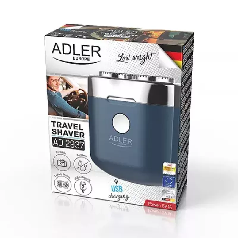 Afeitadora rotativa Adler AD 2937, 2 cabezales giratorios, batería de Li-Ion 250 mAh recargable, lavable, inalámbrica, azul
