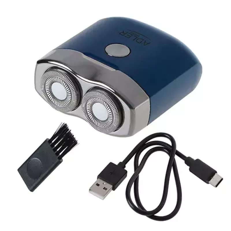 Afeitadora rotativa Adler AD 2937, 2 cabezales giratorios, batería de Li-Ion 250 mAh recargable, lavable, inalámbrica, azul