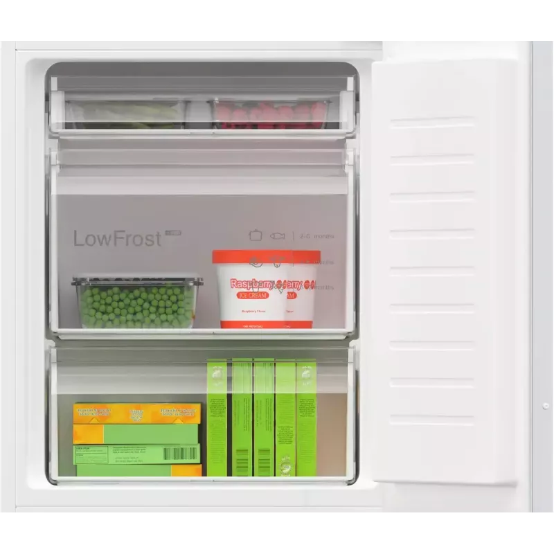 Frigorífico combi empotrable Bosch Serie 4 KIV86VFE1 — 267 l de volumen total (183 l frigorífico / 84 l congelador), congelador inferior, blanco