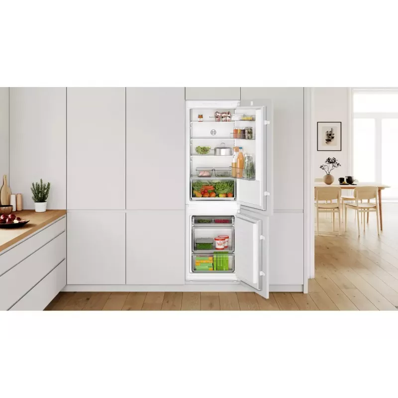 Frigorífico combi empotrable Bosch Serie 2 KIV86NSE0 — 267 L, congelador inferior, blanco, 177,2×54,1×54,8 cm, clase de eficiencia energética E