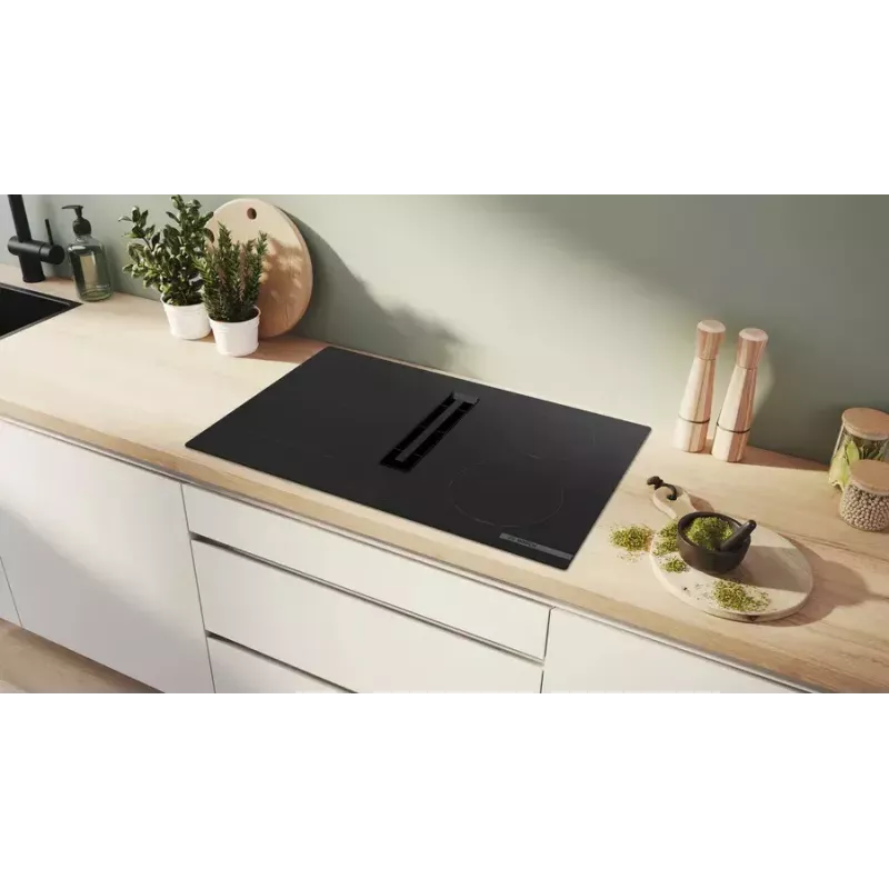 Placa de inducción Bosch Serie 4 PVS811B16E, 80 cm, 4 zonas con control táctil, sin marco, negra
