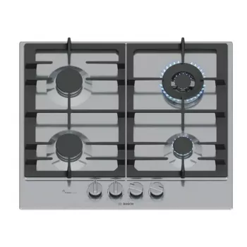 Placa de gas de empotrar Bosch PCH6A5I90 — 60 cm, acero inoxidable, 4 zonas de gas + 1 wok, Flame Select, soportes de hierro fundido