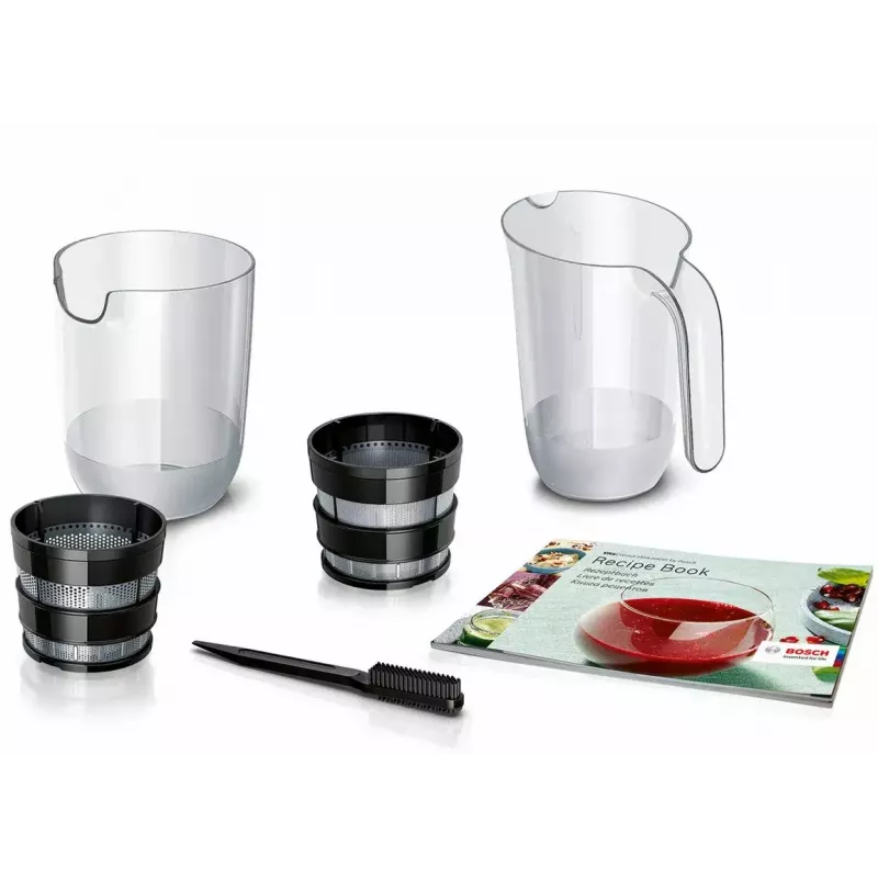 Exprimidor lento Bosch MESM500W — motor de 150 W, recipiente de zumo de 1 L, compacto 152×152×427 mm, blanco/negro