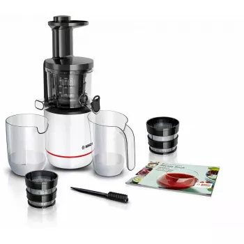 Exprimidor lento Bosch MESM500W — motor de 150 W, recipiente de zumo de 1 L, compacto 152×152×427 mm, blanco/negro