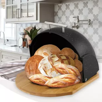Fiambrera Maestro MR-1678G-Negro – recipiente ovalado para pan, plástico con tapa de bambú, 350×200×250 mm