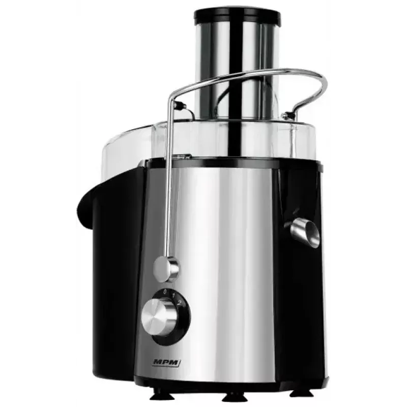 Exprimidor centrífugo MPM MSO-18-M, motor de 1000 W, jarra de zumo 1 L, control de 2 velocidades, acero inoxidable, negro/plateado
