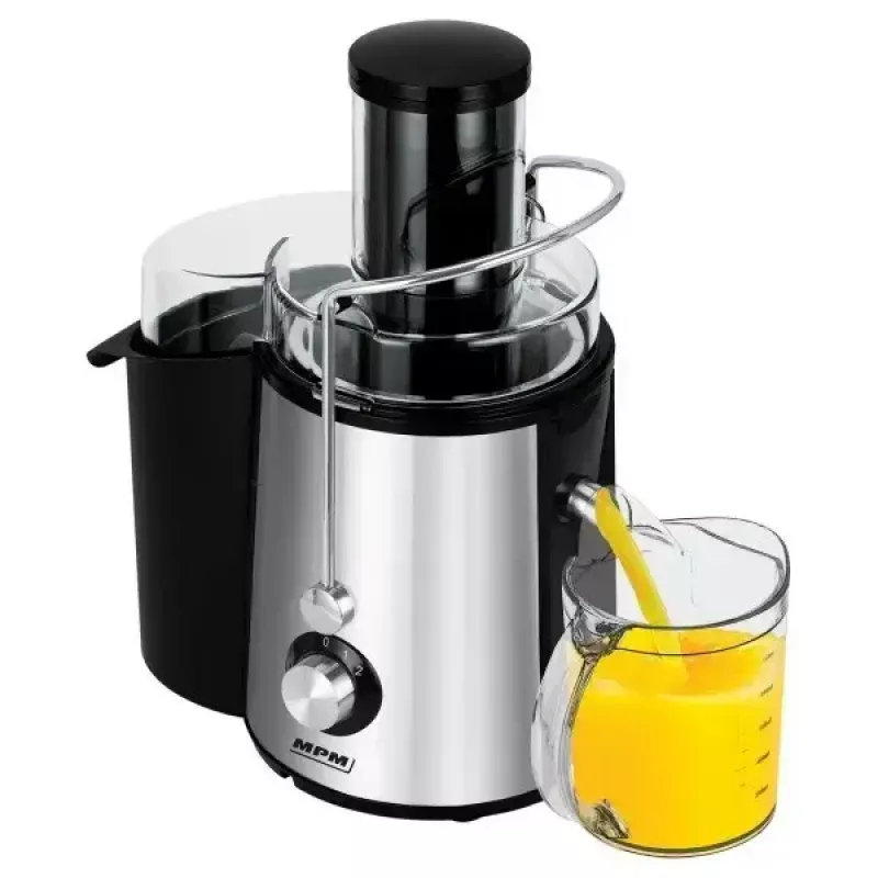 Exprimidor centrífugo MPM MSO-18-M, motor de 1000 W, jarra de zumo 1 L, control de 2 velocidades, acero inoxidable, negro/plateado