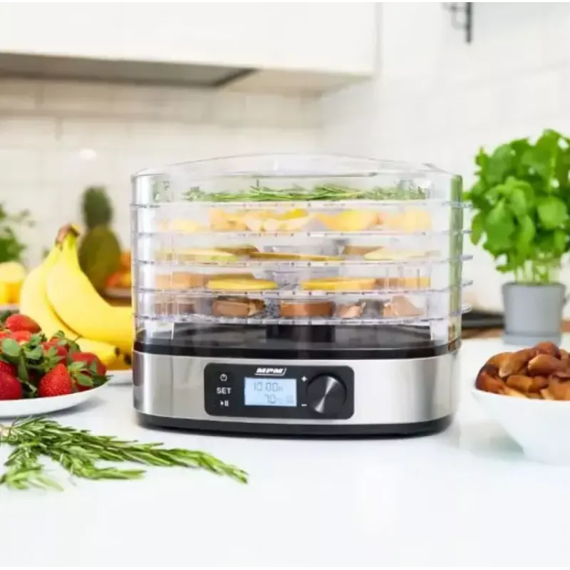 MPM MSG-12 deshidratador de alimentos, 5 bandejas, 380 W, 35–75 °C, temporizador de 0,5–36 h, carcasa de acero inoxidable