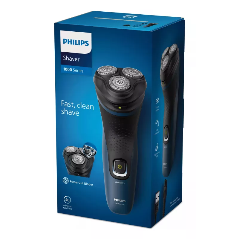 Afeitadora eléctrica para hombre Philips S1151/00 rotación 3 cabezales, batería NiMH, húmedo y seco, 40 min de autonomía, negro/azul