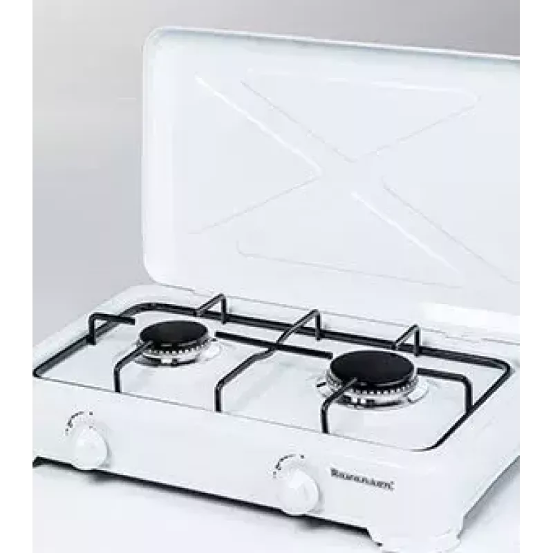 Ravanson K-02T cocina de gas de sobremesa, 2 fuegos, gas GLP, tapa de transporte, blanca