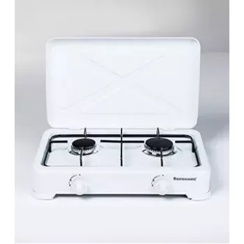 Cocina de gas Ravanson K-02T fogón de mesa de 2 fuegos, GLP G30, 3,71 kW, superficie esmaltada, mandos giratorios, rejilla metálica