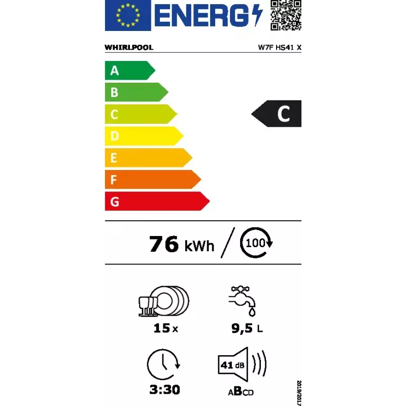 Lavavajillas independiente WHIRLPOOL W7F HS41 X — 15 cubiertos, 41 dB, Fullsize 60 cm