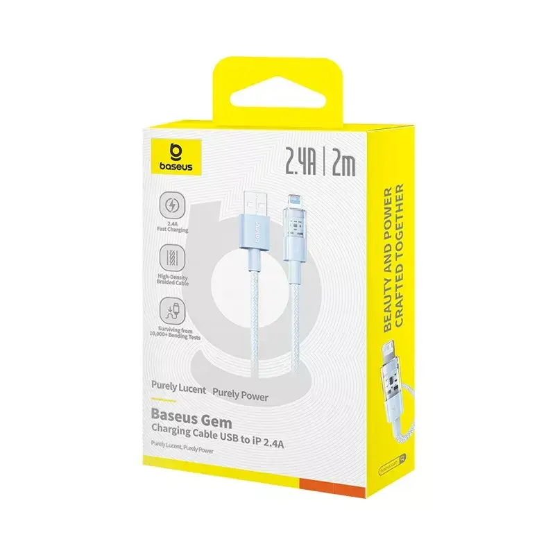 Cable USB Baseus Gem P10373003311-01 — 2 m, 2,4 A, Lightning a USB-A, revestimiento de nailon, azul