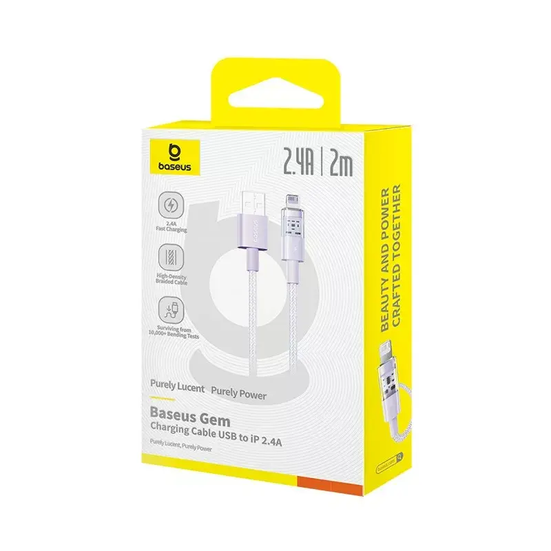 Cable de carga USB Baseus Gem P10373003511-01 — 2 m, 2,4 A, USB-A a Lightning, violeta
