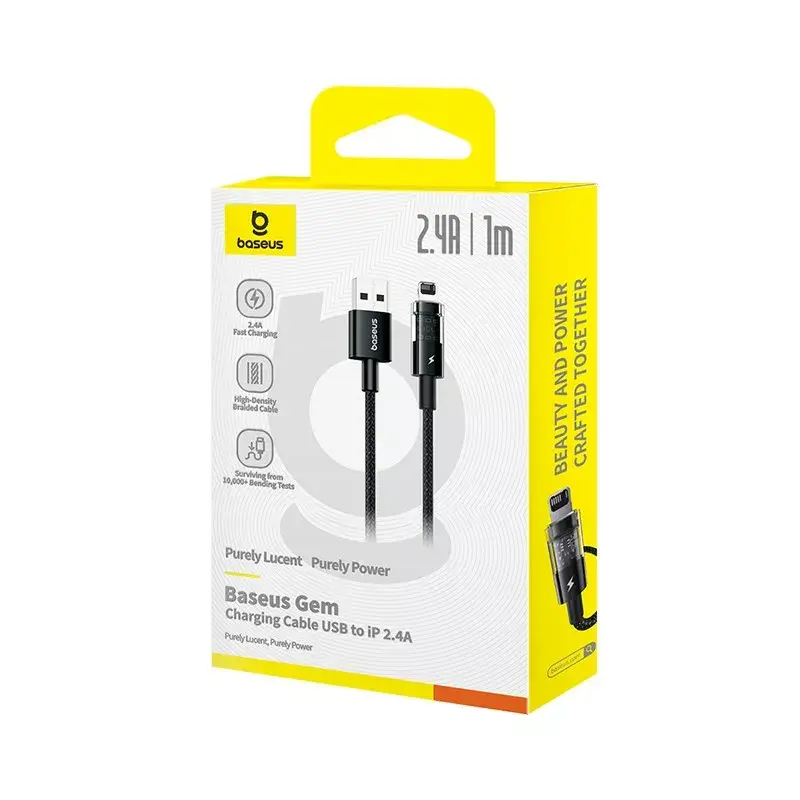 Cable de carga USB Baseus Gem P10373003111-00, 1 m, 2,4 A, revestimiento de nailon, Lightning, USB-A, Negro
