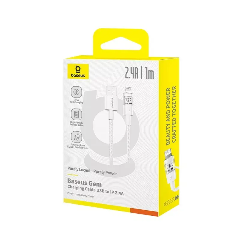 Cable de carga USB Baseus Gem P10373003211-00, 1 m, 2,4 A, Lightning/USB-A, Blanco, revestimiento de nailon
