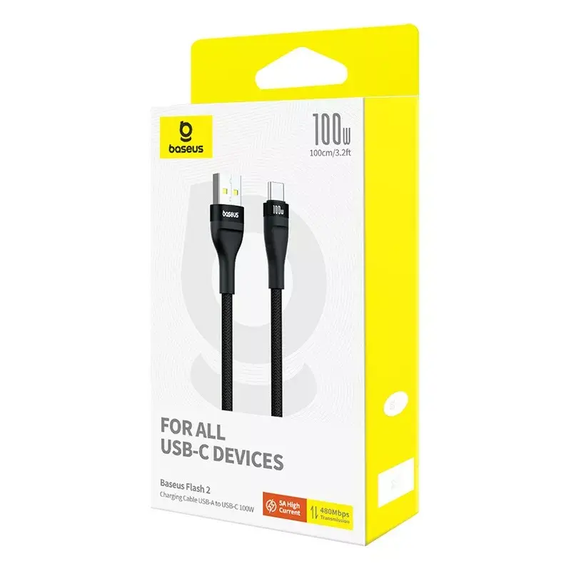 Cable USB-A a USB-C Baseus Flash 2 1 m 100W negro, USB PD, 480 Mbit/s, nailon