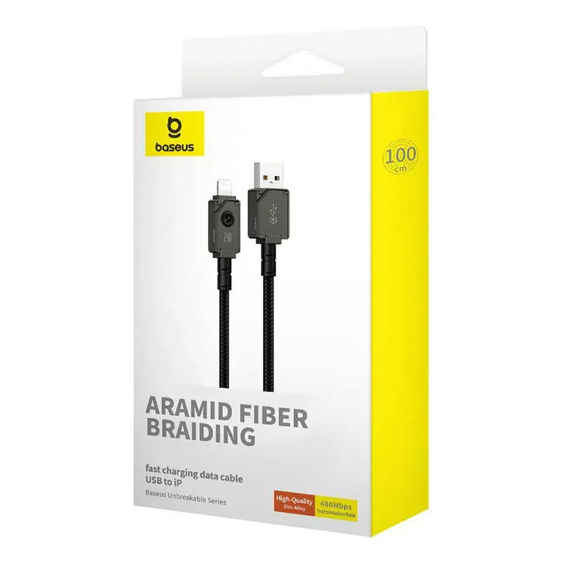 Cable USB-A a Lightning Baseus P10355802111-00 — 1 m, 5V/2.4A, USB PD, fibra aramida, negro