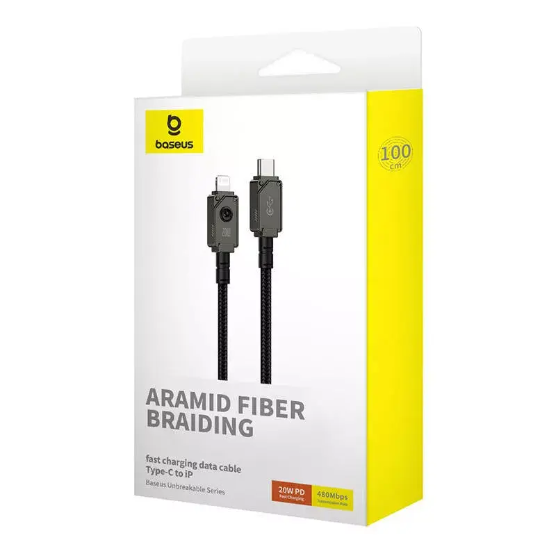 Cable USB-C a Lightning Baseus Unbreakable 1 m 20W — fibra aramida, 480 Mbit/s, negro
