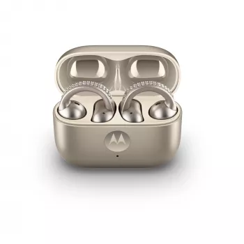 Headset Motorola Moto Buds Loop Bluetooth ear-clip-on binaural, Dolby Atmos, Bluetooth 5.0, ANC, 8 h de reproducción, estuche de carga 520 mAh, beige