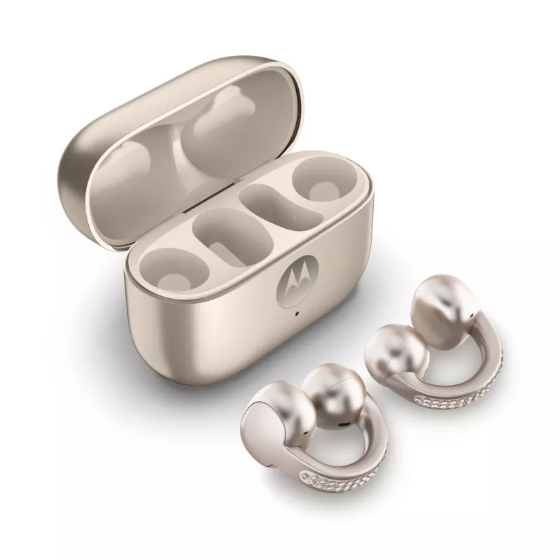 Headset Motorola Moto Buds Loop Bluetooth ear-clip-on binaural, Dolby Atmos, Bluetooth 5.0, ANC, 8 h de reproducción, estuche de carga 520 mAh, beige