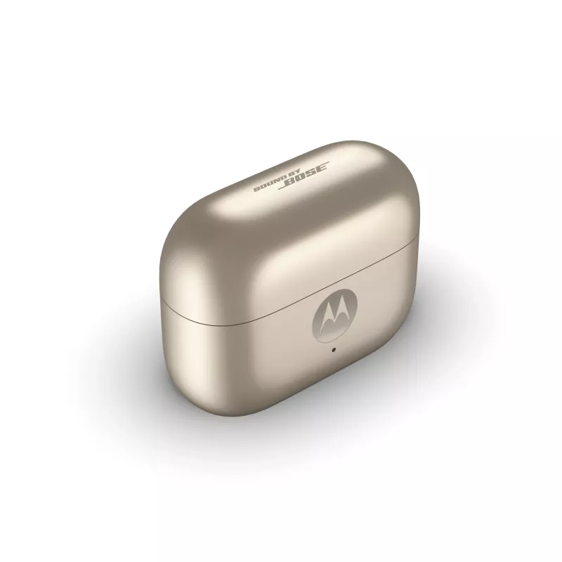 Headset Motorola Moto Buds Loop Bluetooth ear-clip-on binaural, Dolby Atmos, Bluetooth 5.0, ANC, 8 h de reproducción, estuche de carga 520 mAh, beige