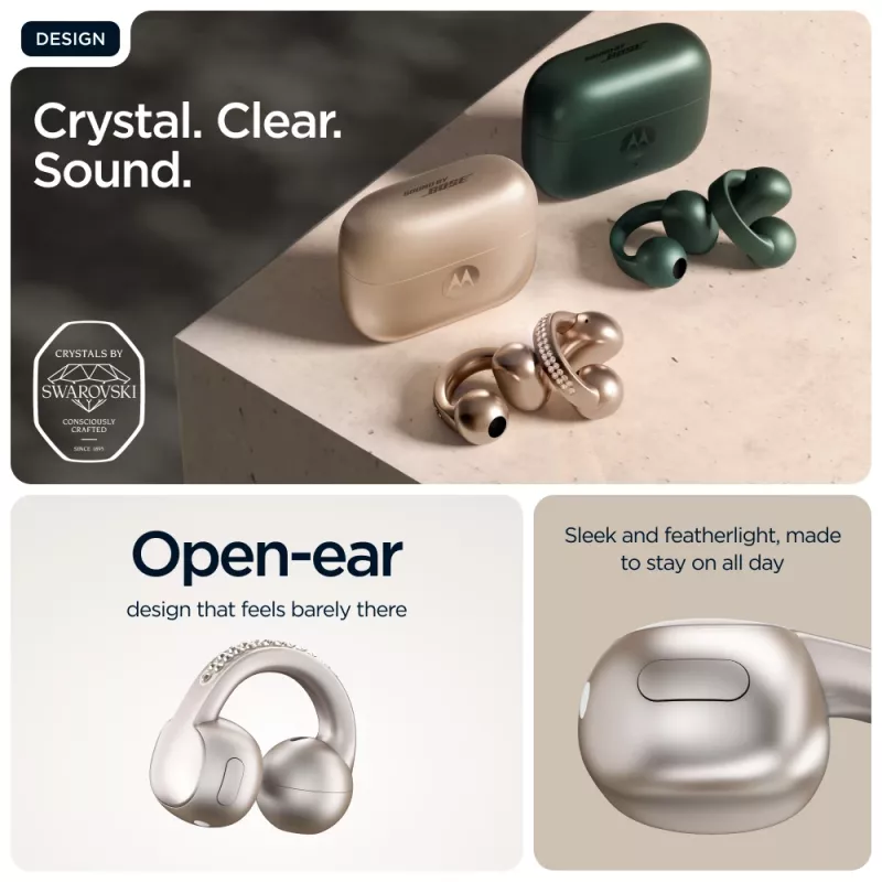 Headset Motorola Moto Buds Loop Bluetooth ear-clip-on binaural, Dolby Atmos, Bluetooth 5.0, ANC, 8 h de reproducción, estuche de carga 520 mAh, beige