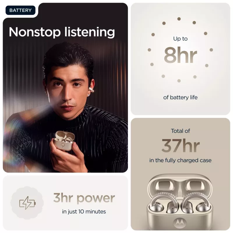Headset Motorola Moto Buds Loop Bluetooth ear-clip-on binaural, Dolby Atmos, Bluetooth 5.0, ANC, 8 h de reproducción, estuche de carga 520 mAh, beige