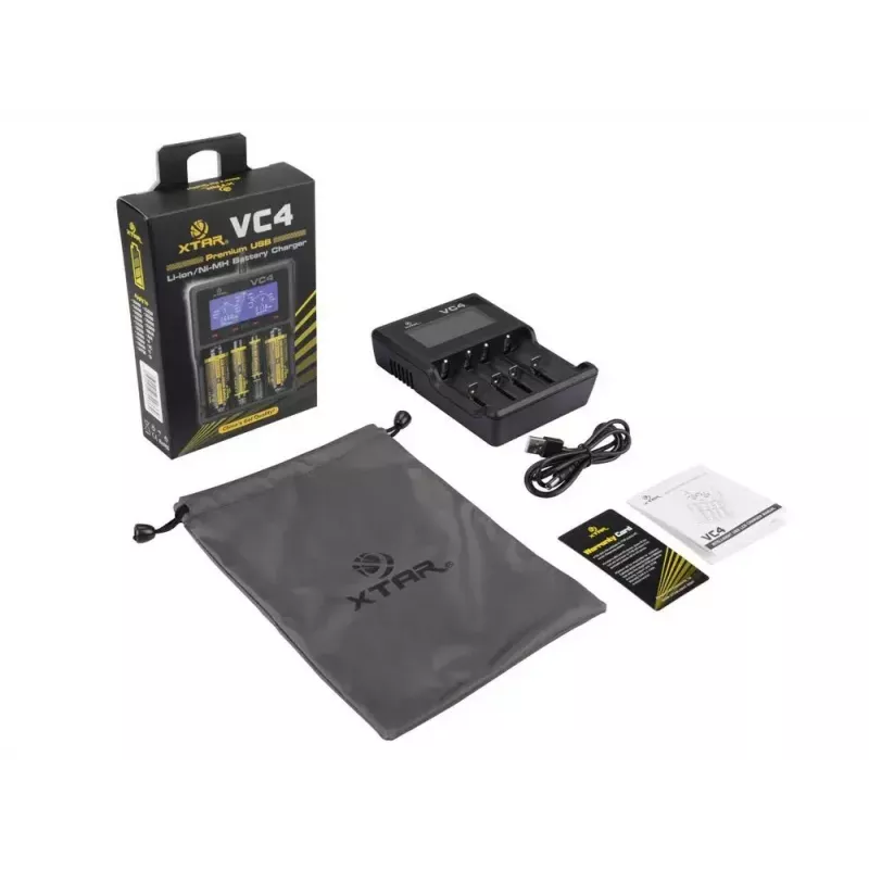 Cargador XTAR VC4SL para celdas Li-Ion, Ni-MH, Ni-Cd – 4 bahías, alimentación DC, compatible con 18650 y otras pilas cilíndricas, negro