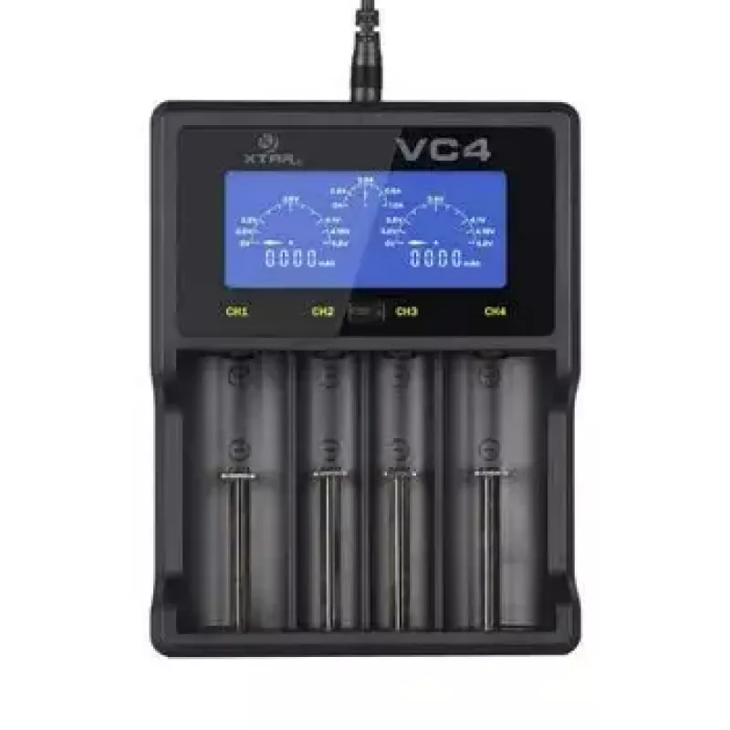 Cargador XTAR VC4SL para celdas Li-Ion, Ni-MH, Ni-Cd – 4 bahías, alimentación DC, compatible con 18650 y otras pilas cilíndricas, negro