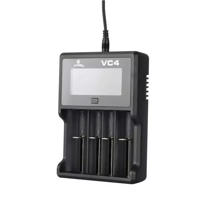 Cargador XTAR VC4SL para celdas Li-Ion, Ni-MH, Ni-Cd – 4 bahías, alimentación DC, compatible con 18650 y otras pilas cilíndricas, negro