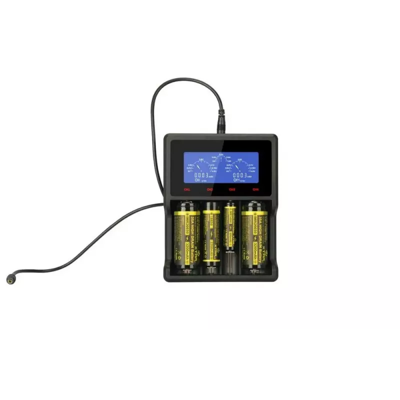 Cargador XTAR VC4SL para celdas Li-Ion, Ni-MH, Ni-Cd – 4 bahías, alimentación DC, compatible con 18650 y otras pilas cilíndricas, negro