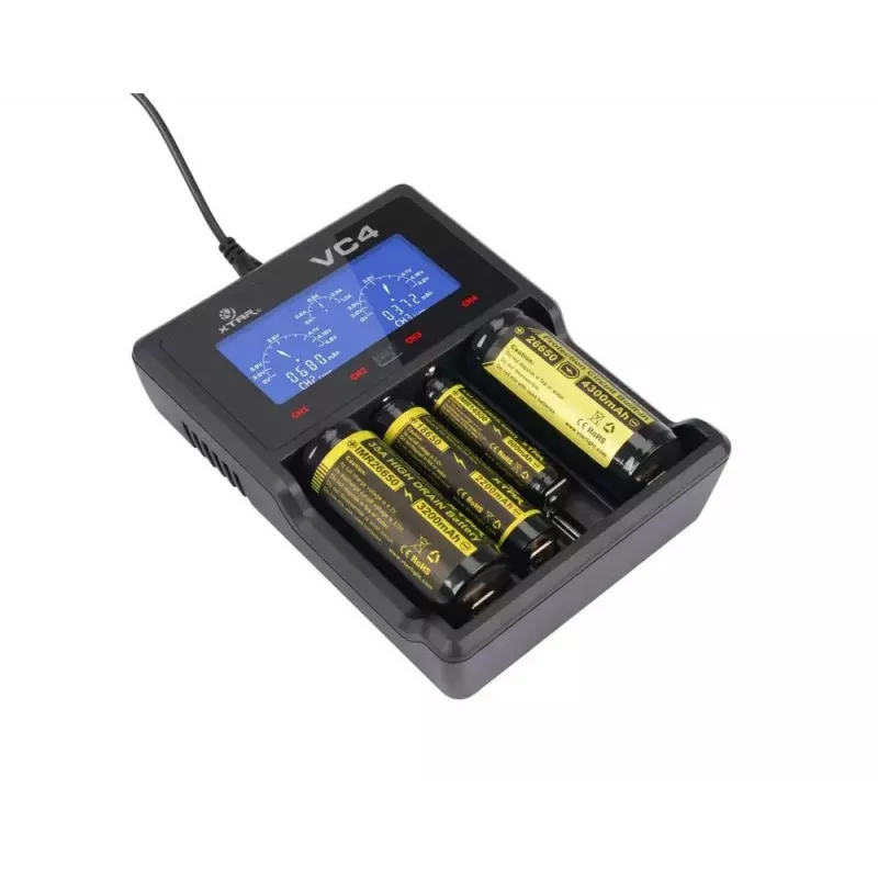 Cargador XTAR VC4SL para celdas Li-Ion, Ni-MH, Ni-Cd – 4 bahías, alimentación DC, compatible con 18650 y otras pilas cilíndricas, negro