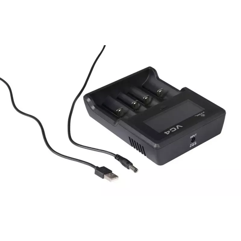 Cargador XTAR VC4SL para celdas Li-Ion, Ni-MH, Ni-Cd – 4 bahías, alimentación DC, compatible con 18650 y otras pilas cilíndricas, negro