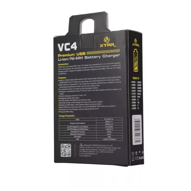 Cargador XTAR VC4SL para celdas Li-Ion, Ni-MH, Ni-Cd – 4 bahías, alimentación DC, compatible con 18650 y otras pilas cilíndricas, negro