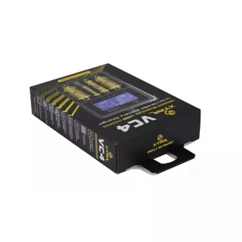 Cargador XTAR VC4SL para celdas Li-Ion, Ni-MH, Ni-Cd – 4 bahías, alimentación DC, compatible con 18650 y otras pilas cilíndricas, negro