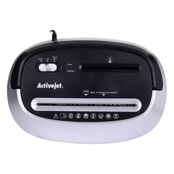 Destructora de papel ActiveJet ASH-1201D, corte en tiras 5 x 38 mm, entrada 22 cm, capacidad 12 hojas, cesta 25 L, P-3, negro