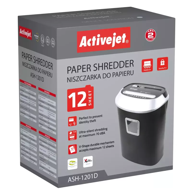 Activejet ASH-1201D trituradora de papel, P-3, 12 hojas, 25 l, fragmentos de 5x38 mm, negro/plateado