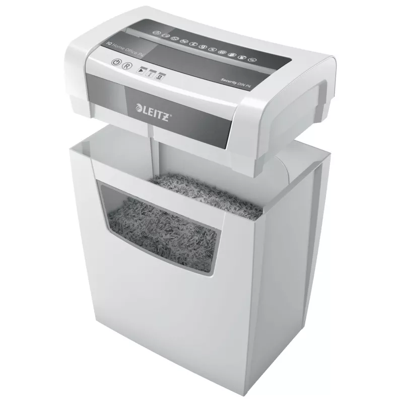 Leitz IQ Home Office P4 trituradora de papel, corte en partículas, 22 cm, 4 x 28 mm, 10 hojas, 23 l, blanco