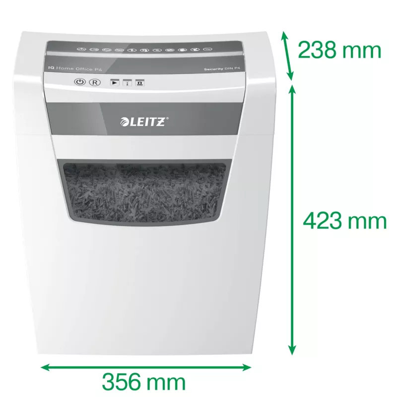 Leitz IQ Home Office P4 trituradora de papel, corte en partículas, 22 cm, 4 x 28 mm, 10 hojas, 23 l, blanco