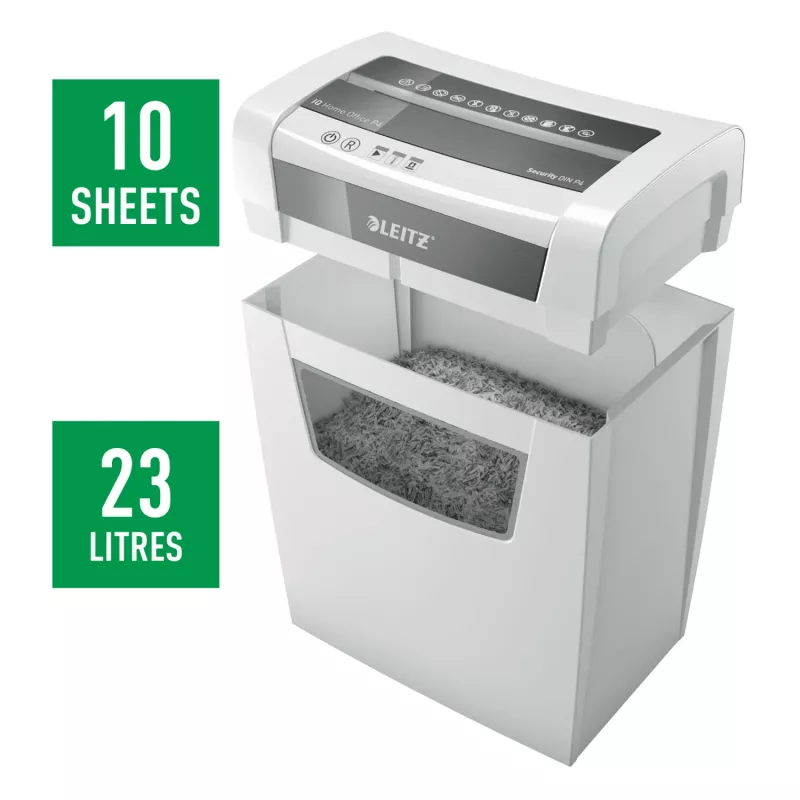 Leitz IQ Home Office P4 trituradora de papel, corte en partículas, 22 cm, 4 x 28 mm, 10 hojas, 23 l, blanco