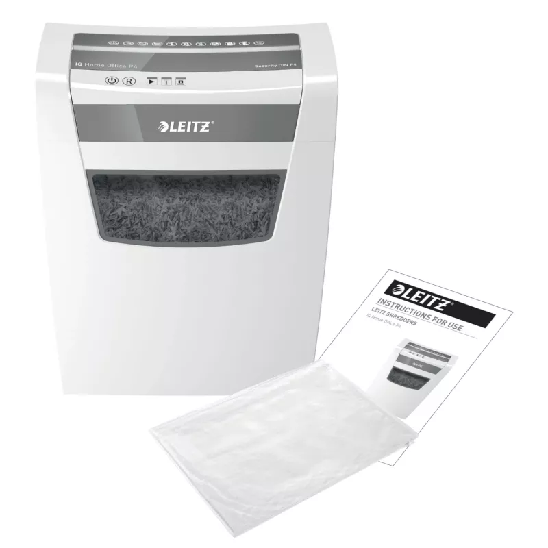 Leitz IQ Home Office P4 trituradora de papel, corte en partículas, 22 cm, 4 x 28 mm, 10 hojas, 23 l, blanco