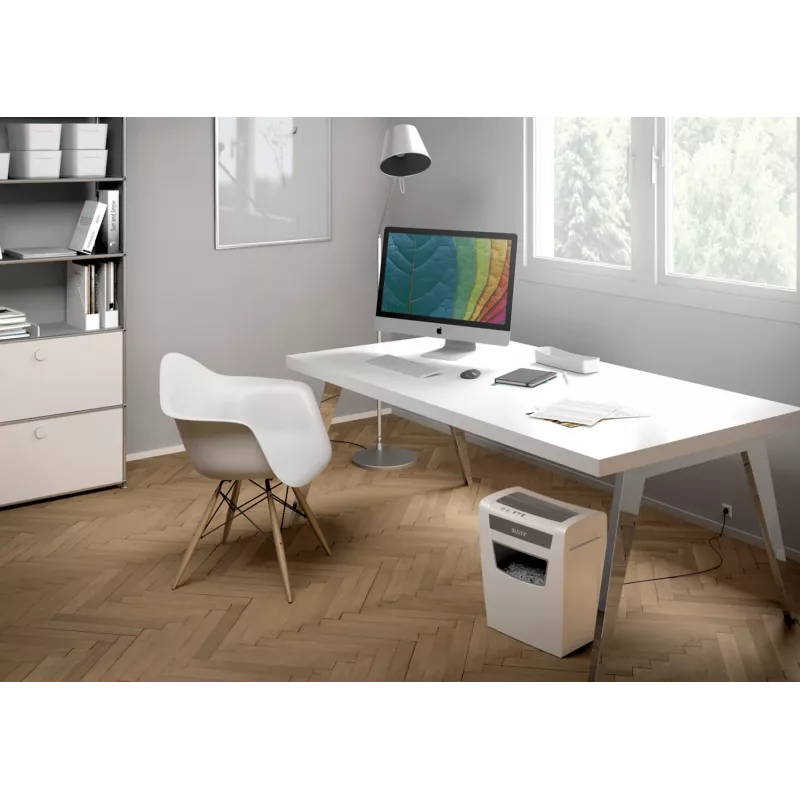 Leitz IQ Home Office P4 trituradora de papel, corte en partículas, 22 cm, 4 x 28 mm, 10 hojas, 23 l, blanco