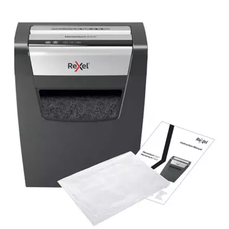 Destructora de papel REXEL Momentum X410 — corte en partículas P-4, 4 x 28 mm, capacidad 10 hojas, cesta 23 litros, antiatascos