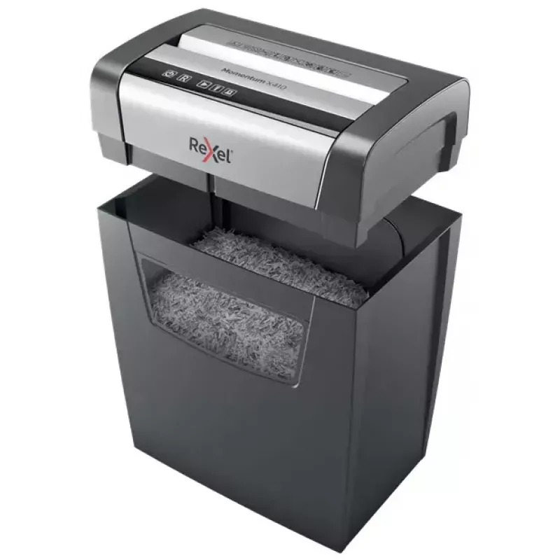Destructora de papel REXEL Momentum X410 — corte en partículas P-4, 4 x 28 mm, capacidad 10 hojas, cesta 23 litros, antiatascos