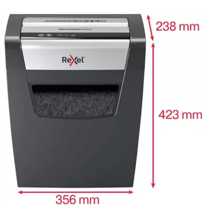 Destructora de papel REXEL Momentum X410 — corte en partículas P-4, 4 x 28 mm, capacidad 10 hojas, cesta 23 litros, antiatascos