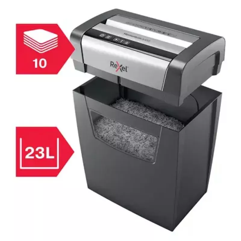Destructora de papel REXEL Momentum X410 — corte en partículas P-4, 4 x 28 mm, capacidad 10 hojas, cesta 23 litros, antiatascos