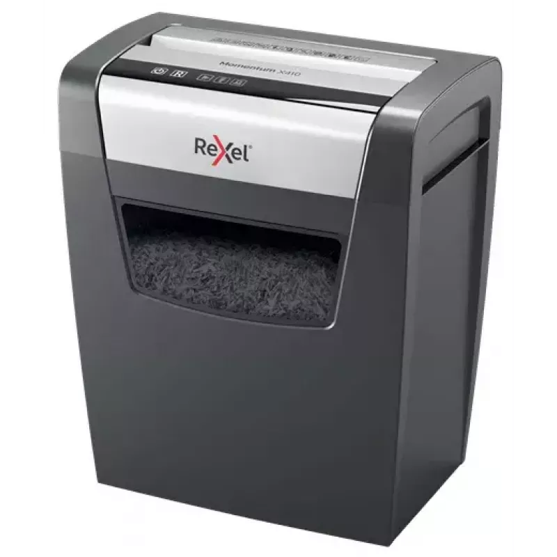 Destructora de papel REXEL Momentum X410 — corte en partículas P-4, 4 x 28 mm, capacidad 10 hojas, cesta 23 litros, antiatascos